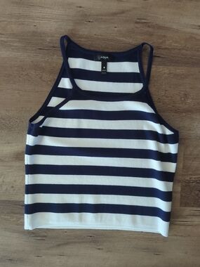 Aqua Navy & White Striped Cropped Tank